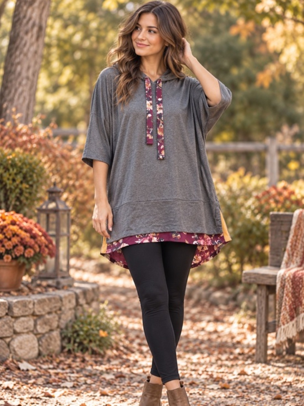 Matilda Jane Gray Floral Hooded Tunic Top Size Small